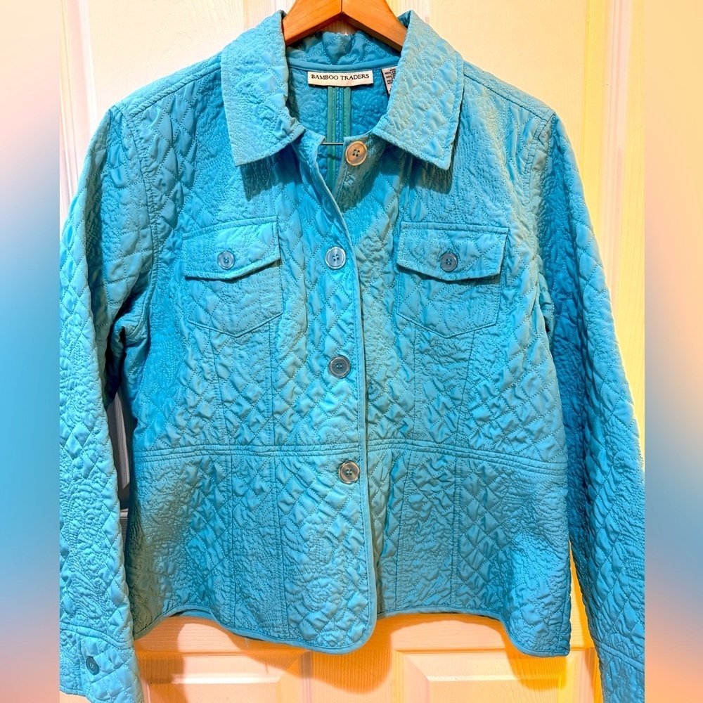 Bamboo Traders Turquoise Quilted Travel Jacket Packable Lightweight grannycore